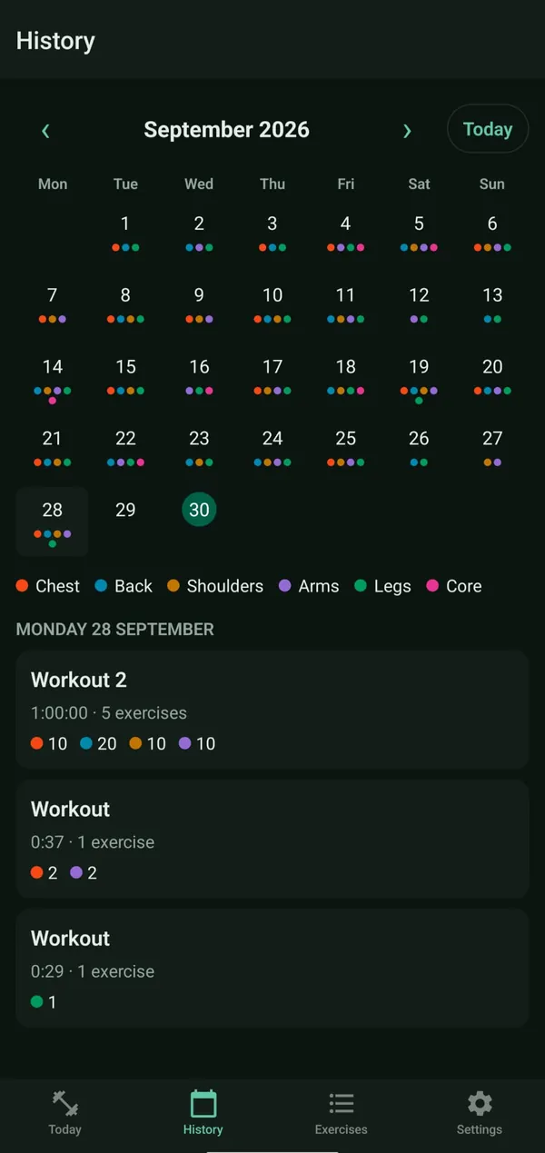 History calendar for a month, with a coloured dot for each body part trained each day, and the workouts from one day listed below
