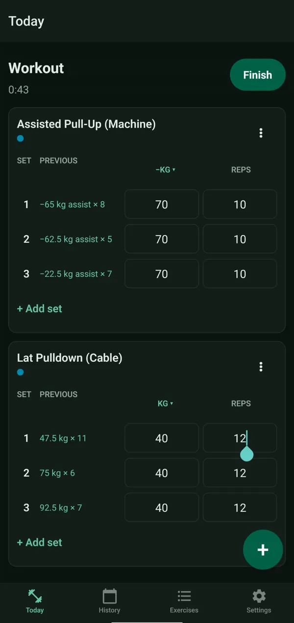 Today tab mid-workout: two exercises with their sets typed in, and last session's numbers beside each set